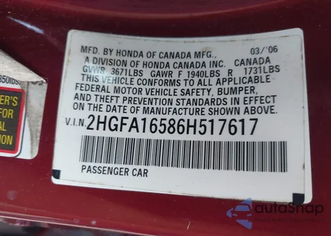 2006 Honda Civic Lx из США, поврежденный, VIN 2HGFA16586H517617